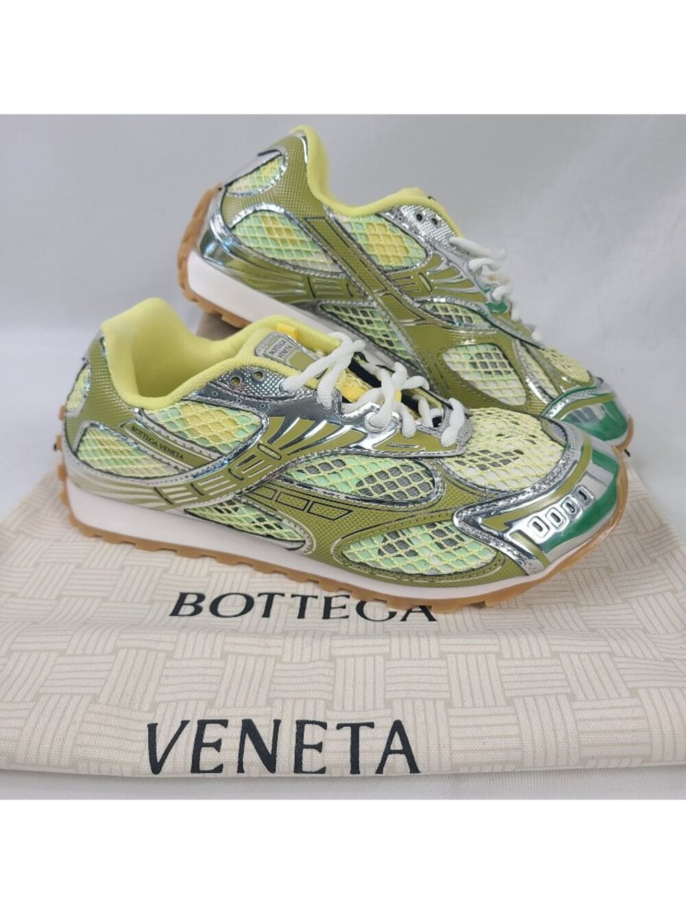 NEW Bottega Veneta Orbit Yellow Metallic Leather Sneakers Sz EU 41, US 11
